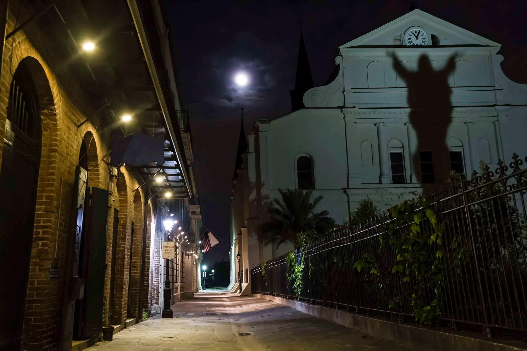 A full moon rising over St. Louis Cathedral in the French Quarter