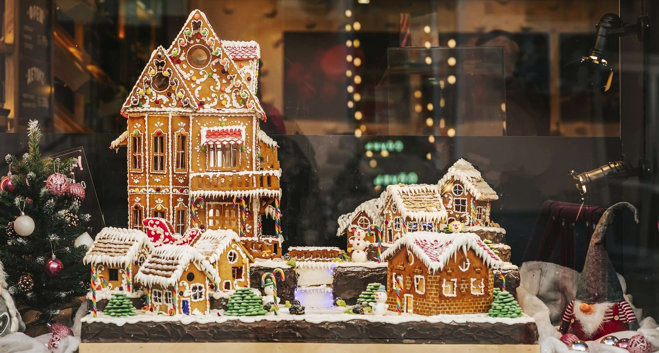 Large gingerbread houses on display at the New Orleans Christmas Festival