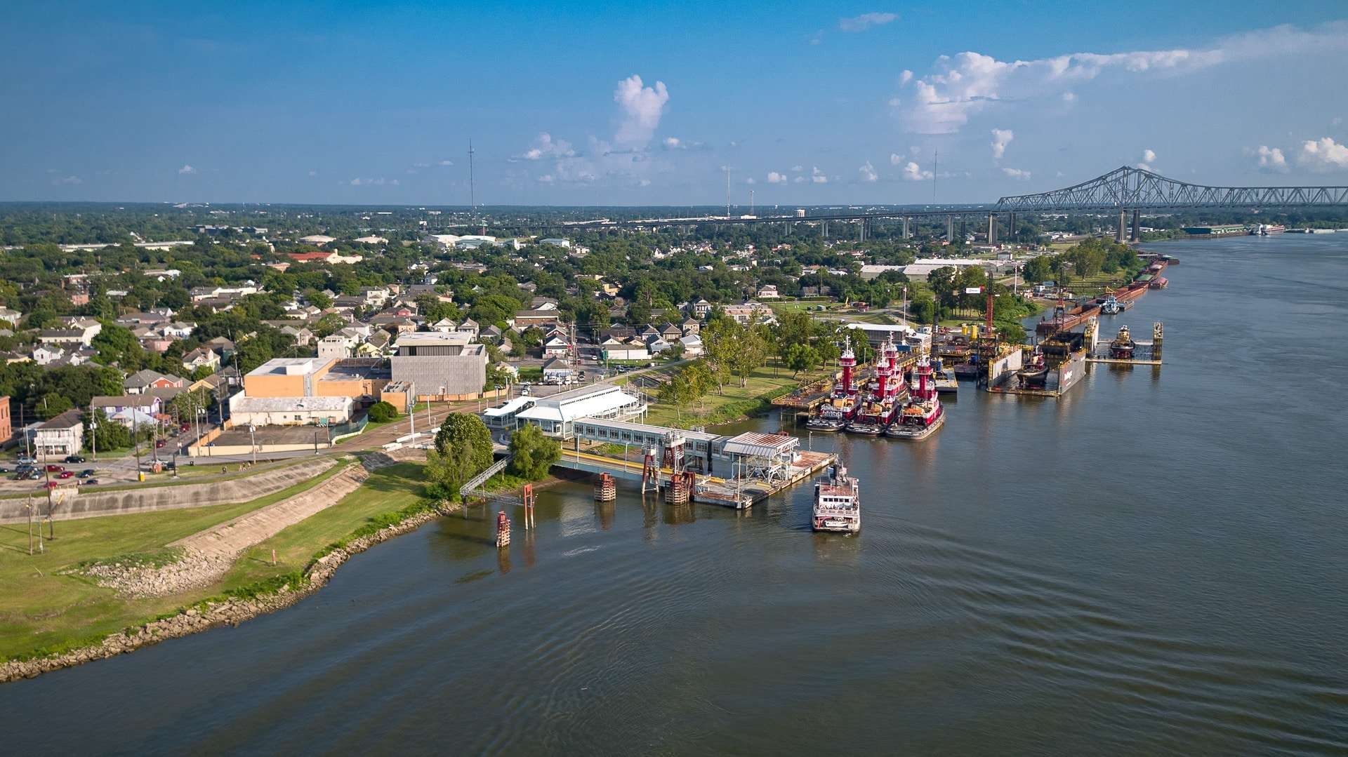 An aerial view of the Algiers neighborhood in New Orleans