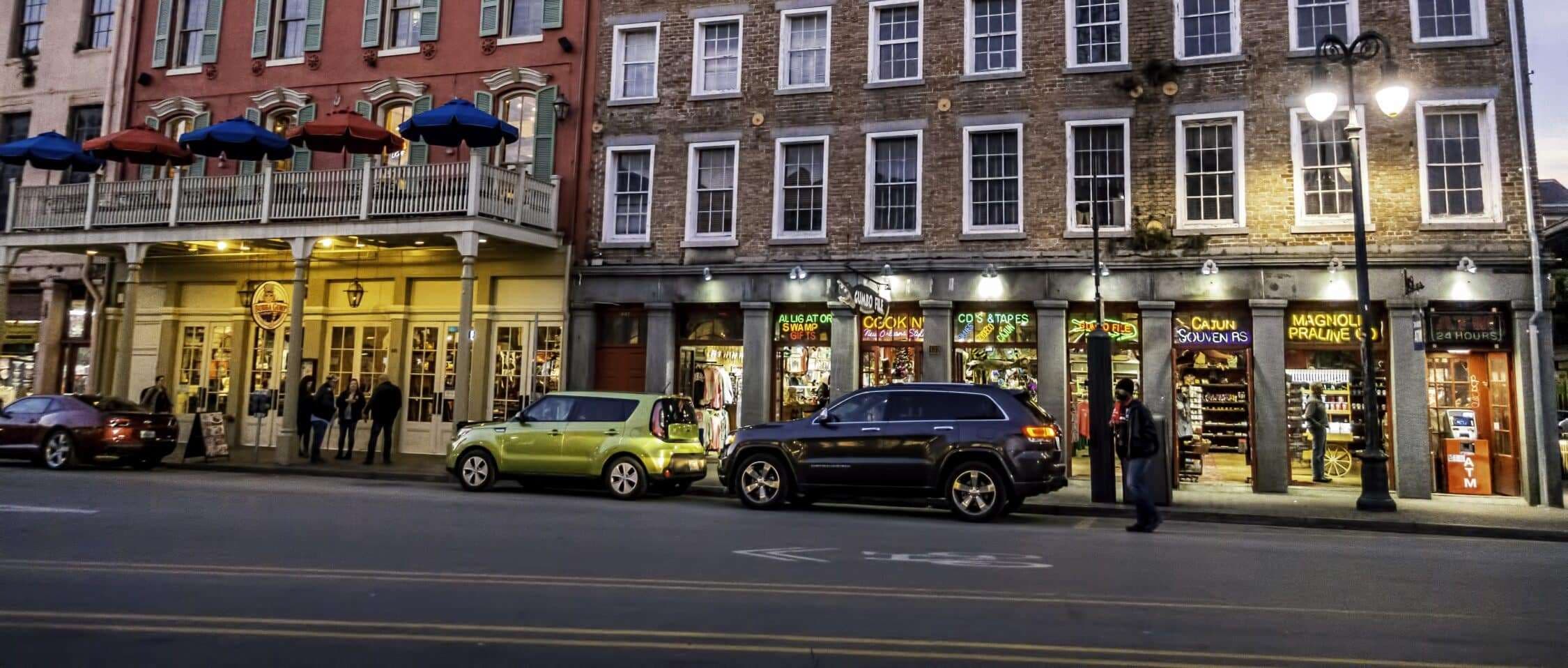 Street view of buildings on Decatur Street in New Orleans.