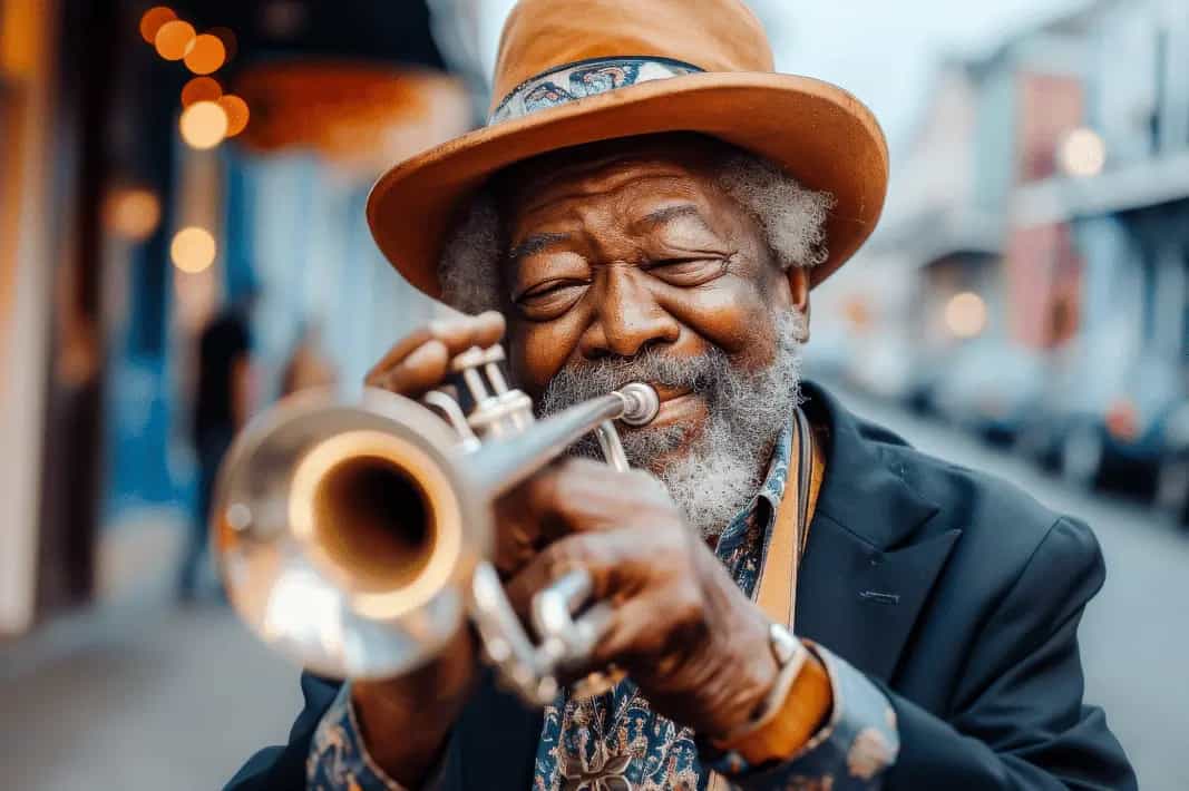 Street musician playing trumpet in New Orleans