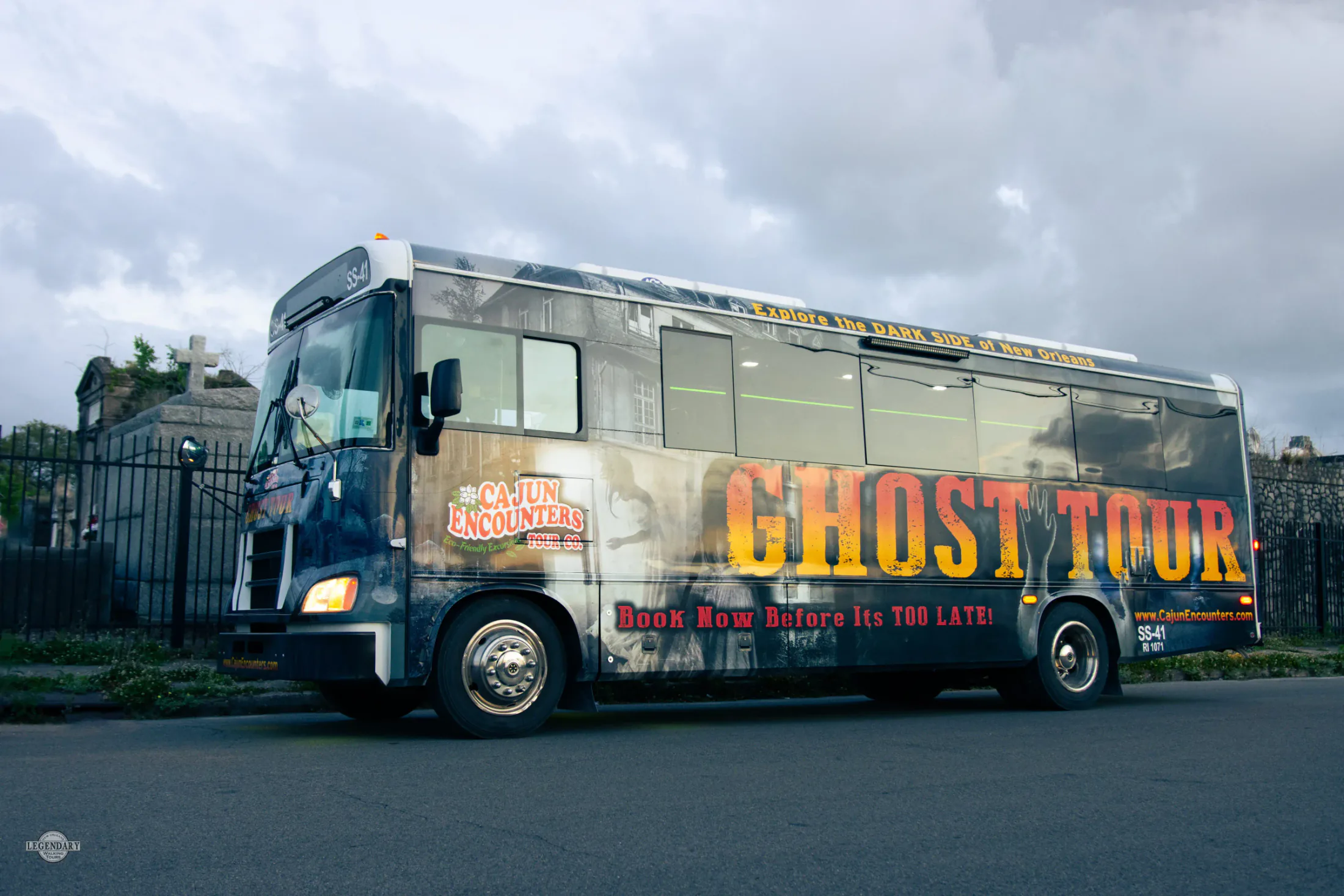 Ghost bus parked in New Orleans for the haunted evening route