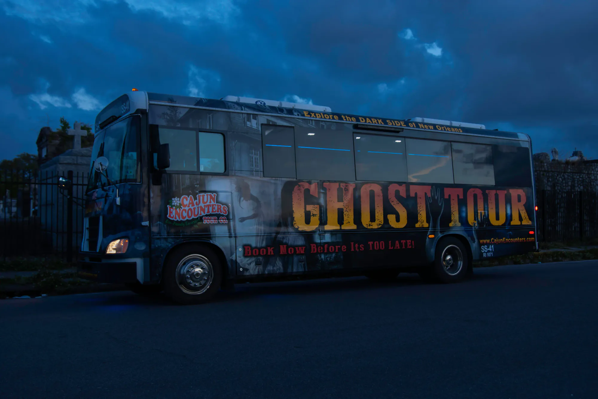 Ghost bus tour vehicle parked in New Orleans