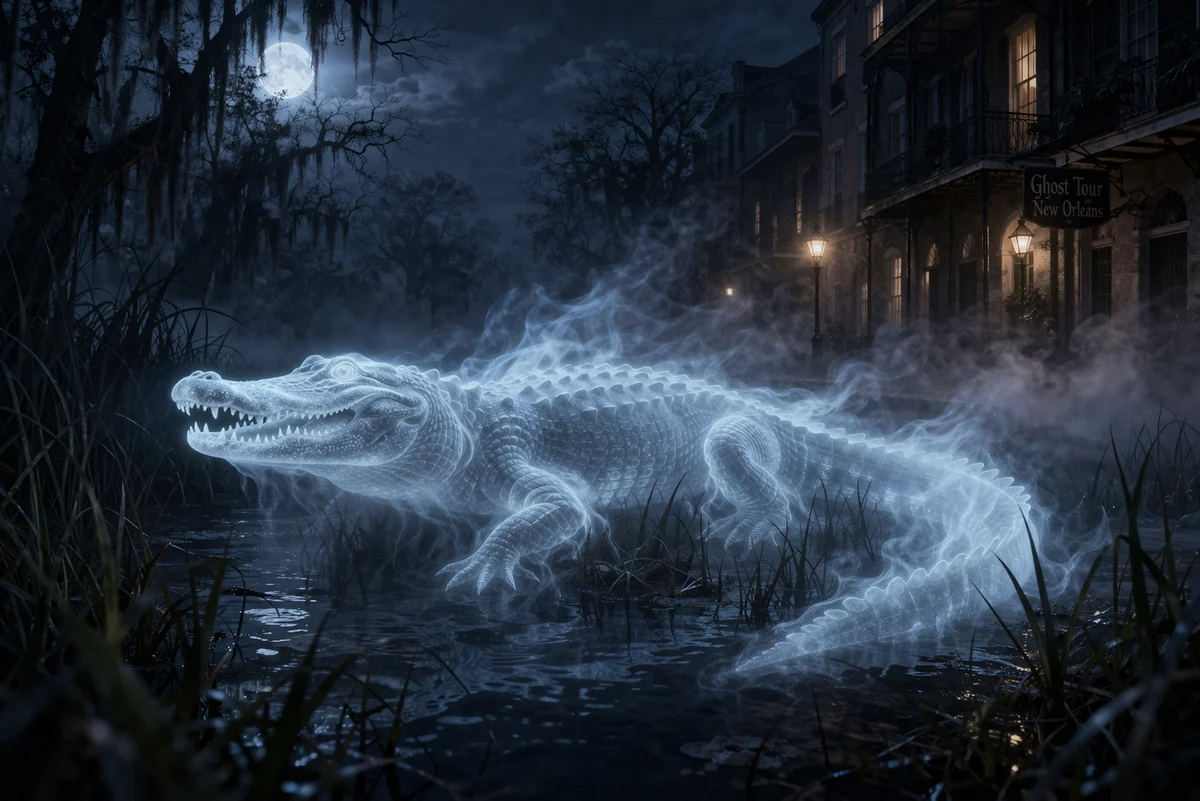 Ghostly alligator in a moonlit swamp near a New Orleans ghost tour street